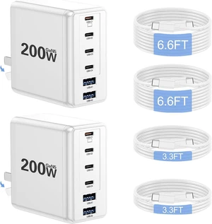 2 Pack 200W USB C Wall Charger, 6-Port PD Fast Charging Block Power Adapter, Type C Laptop Charger for MacBook Pro, Dell XPS, iPhone 17, iPad, Tablet, Chromebook, Smartphones & More, White 2 Pack 200W USB C Wall Charger, 6-Port PD Fast Charging Block Power Adapter, Type C Laptop Charger for MacBook Pro, Dell XPS, iPhone 17, iPad, Tablet, Chromebook, Smartphones & More, White