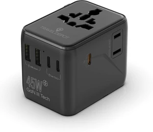 7 in 1 Worldwide Travel Adapter with GaN 45W, 2 USB-A 15W, 3 USB-C 45W, 2 AC Outlets, Safety Certified International Plug Converter, Universal Charger for Laptop Phone Camera, Fits US EU UK AU Travel 7 in 1 Worldwide Travel Adapter with GaN 45W, 2 USB-A 15W, 3 USB-C 45W, 2 AC Outlets, Safety Certified International Plug Converter, Universal Charger for Laptop Phone Camera, Fits US EU UK AU Travel