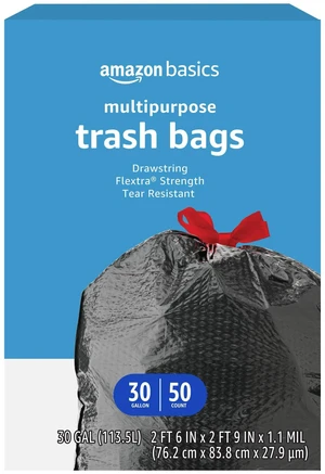 Amazon Basics Flextra 30 Gallon Multipurpose Drawstring Trash Bags, 50 Count, Tear Resistant Amazon Basics Flextra 30 Gallon Multipurpose Drawstring Trash Bags, 50 Count, Tear Resistant