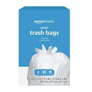 Amazon Basics Small 4Gallon Trash Bags with Flap Ties, Fresh Scent, Odor Control, 0.5mil Thick, 80Count Amazon Basics Small 4Gallon Trash Bags with Flap Ties, Fresh Scent, Odor Control, 0.5mil Thick, 80Count