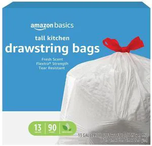 Amazon Basics Flextra Strength Tall Kitchen Drawstring Trash Bags, Fresh Scent, Tear Resistant, 13 Gallon, 90 Count Amazon Basics Flextra Strength Tall Kitchen Drawstring Trash Bags, Fresh Scent, Tear Resistant, 13 Gallon, 90 Count