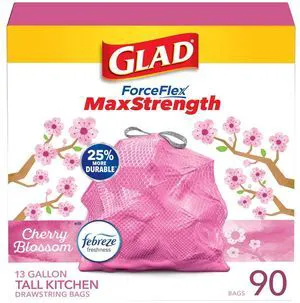 Glad ForceFlex MaxStrength Tall Kitchen Trash Bags, Rip and Tear Resistant, Cherry Blossoms Scented Pink Tall Garbage Bags, Odor Control, Febreze Freshness, 13 Gallon, 90 Count Glad ForceFlex MaxStrength Tall Kitchen Trash Bags, Rip and Tear Resistant, Cherry Blossoms Scented Pink Tall Garbage Bags, Odor Control, Febreze Freshness, 13 Gallon, 90 Count