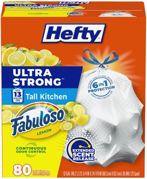 Hefty Ultra Strong 13 Gal Kitchen Trash Bags, Fabuloso Lemon, White, 80 Count Hefty Ultra Strong 13 Gal Kitchen Trash Bags, Fabuloso Lemon, White, 80 Count