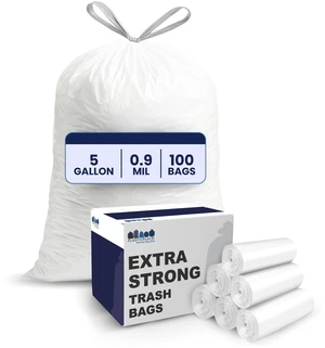 Plasticplace 5 Gallon Trash Bags, White Drawstring, 19" x 25", 100 Count, 0.9 Mil Multi-Purpose Kitchen Bathroom Office Car Plastic Bags Plasticplace 5 Gallon Trash Bags, White Drawstring, 19" x 25", 100 Count, 0.9 Mil Multi-Purpose Kitchen Bathroom Office Car Plastic Bags