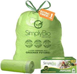 Simply Bio 13 Gallon Compostable Drawstring Trash Bags, 49.21 Liter, 30 Count, Heavy Duty 1 Mil, ASTM D6400, US BPI and OK Compost Home Certified Simply Bio 13 Gallon Compostable Drawstring Trash Bags, 49.21 Liter, 30 Count, Heavy Duty 1 Mil, ASTM D6400, US BPI and OK Compost Home Certified