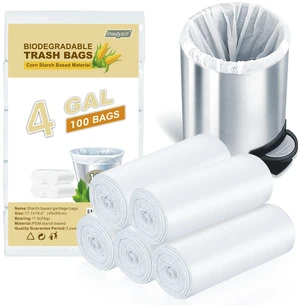 Inwaysin 4 Gallon Compostable Trash Bags 100 Count Biodegradable Unscented White Strong Thick for Bathroom Kitchen Office Car Tiny Liners Inwaysin 4 Gallon Compostable Trash Bags 100 Count Biodegradable Unscented White Strong Thick for Bathroom Kitchen Office Car Tiny Liners