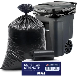 Plasticplace 95-96 Gallon Heavy Duty Black Trash Bags, Contractor Grade, Extra Large, 1.2 Mil, 61" x 68", 15 Count Plasticplace 95-96 Gallon Heavy Duty Black Trash Bags, Contractor Grade, Extra Large, 1.2 Mil, 61" x 68", 15 Count