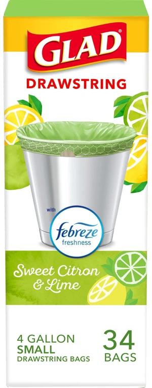 Glad Small Kitchen Drawstring Trash Bags, 4 Gallon, Febreze Sweet Citron & Lime, 34 Count Glad Small Kitchen Drawstring Trash Bags, 4 Gallon, Febreze Sweet Citron & Lime, 34 Count
