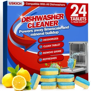 24 Pack Lemon Scented Dishwasher Cleaner and Deodorizer Tablets, Deep Cleaning Descaler Pods for Limescale, Mineral Buildup, Odor, Septic Safe 24 Pack Lemon Scented Dishwasher Cleaner and Deodorizer Tablets, Deep Cleaning Descaler Pods for Limescale, Mineral Buildup, Odor, Septic Safe