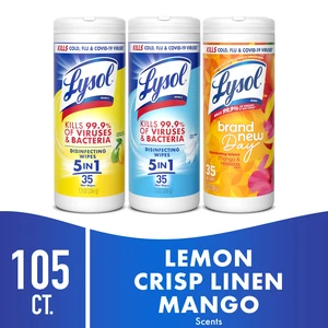 Lysol Disinfecting Wipes, Lemon + Mango & Hibiscus + Crisp Linen Scent, 35Count Each (Pack of 3) Lysol Disinfecting Wipes, Lemon + Mango & Hibiscus + Crisp Linen Scent, 35Count Each (Pack of 3)