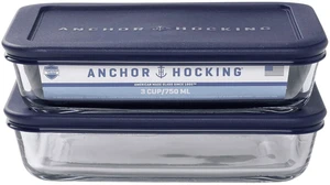 3-Cup Rectangular Glass Food Storage Containers with Lids, Set of 2, Anchor Hocking 3-Cup Rectangular Glass Food Storage Containers with Lids, Set of 2, Anchor Hocking