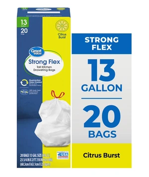 Great Value Strong Flex 13-Gallon Drawstring Tall Kitchen Trash Bags, Citrus Burst, 20 Count Great Value Strong Flex 13-Gallon Drawstring Tall Kitchen Trash Bags, Citrus Burst, 20 Count