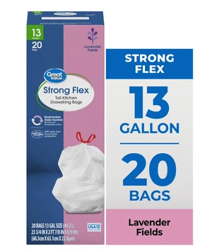 Great Value Strong Flex 13-Gallon Drawstring Tall Kitchen Trash Bags, Lavender Fields Scent, 20 Bags Great Value Strong Flex 13-Gallon Drawstring Tall Kitchen Trash Bags, Lavender Fields Scent, 20 Bags
