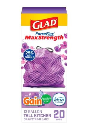 Glad ForceFlex MaxStrength 13-Gallon Purple Drawstring Tall Kitchen Bags, Gain Moonlight Breeze Scent, 20 Bags Glad ForceFlex MaxStrength 13-Gallon Purple Drawstring Tall Kitchen Bags, Gain Moonlight Breeze Scent, 20 Bags