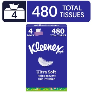 Kleenex Ultra Soft 3-Ply Flat Box Facial Tissues, 4 Pack (480 Tissues) Kleenex Ultra Soft 3-Ply Flat Box Facial Tissues, 4 Pack (480 Tissues)
