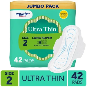 Equate Ultra Thin Pads with Flexi-Wings, Long Super Absorbency, Size 2, 42 Count Equate Ultra Thin Pads with Flexi-Wings, Long Super Absorbency, Size 2, 42 Count