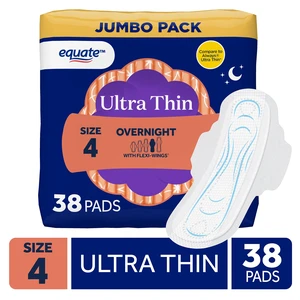 Equate Ultra Thin Pads with Flexi-Wings, Overnight Absorbency, Size 4, 38 Count Equate Ultra Thin Pads with Flexi-Wings, Overnight Absorbency, Size 4, 38 Count
