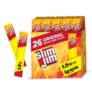Slim Jim Smoked Jerky Meat Snack Sticks, Original Flavor, 6g Protein Per Serving, 0.28oz, 26-Count Slim Jim Smoked Jerky Meat Snack Sticks, Original Flavor, 6g Protein Per Serving, 0.28oz, 26-Count