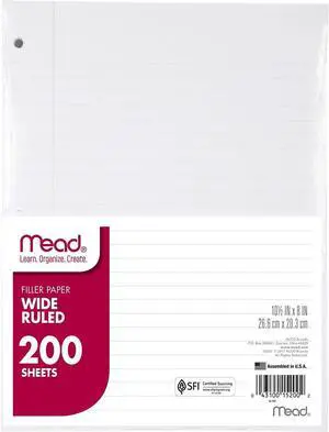 Mead Loose Leaf Paper, Wide Ruled Filler Notebook Paper, 8" x 10-1/2", 200 Sheets, Fits 3-Ring Binder (15200) Mead Loose Leaf Paper, Wide Ruled Filler Notebook Paper, 8" x 10-1/2", 200 Sheets, Fits 3-Ring Binder (15200)