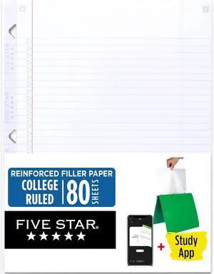 Five Star Loose Leaf Paper + Study App, College Ruled Filler Notebook Paper, Reinforced, Fights Ink Bleed, 8-1/2" x 11", 80 Sheets (170102) Five Star Loose Leaf Paper + Study App, College Ruled Filler Notebook Paper, Reinforced, Fights Ink Bleed, 8-1/2" x 11", 80 Sheets (170102)