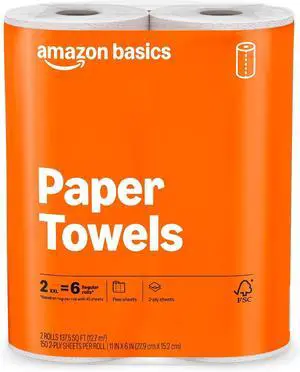 Amazon Basics 2-Ply Flex-Sheets Paper Towels, 2-Pack, 150 Sheets per Roll, 2 Basics Rolls = 6 Regular Rolls, for Everyday Use, Spills and Messes Amazon Basics 2-Ply Flex-Sheets Paper Towels, 2-Pack, 150 Sheets per Roll, 2 Basics Rolls = 6 Regular Rolls, for Everyday Use, Spills and Messes