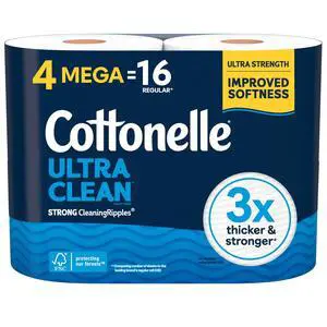 Cottonelle Ultra Clean Toilet Paper, 4 Mega Rolls = 16 Regular Rolls Cottonelle Ultra Clean Toilet Paper, 4 Mega Rolls = 16 Regular Rolls
