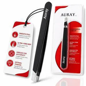 AURAY Stainless Steel Eyebrow Tweezers, Slanted Tip, Black, for Men and Women AURAY Stainless Steel Eyebrow Tweezers, Slanted Tip, Black, for Men and Women