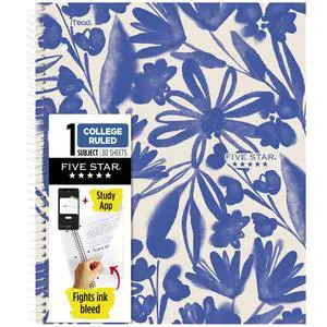 Five Star 820441F-ECM Spiral Notebook 1 Subject College Ruled 8-1/2" x 11" 80 Sheets Water Resistant Cover Fights Ink Bleed Soft Petals Blue + Study App Five Star 820441F-ECM Spiral Notebook 1 Subject College Ruled 8-1/2" x 11" 80 Sheets Water Resistant Cover Fights Ink Bleed Soft Petals Blue + Study App