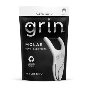 GRIN Molar Flosspyx Flossers, 75 Count, Minty Flavor, Recycled Plastic, Great for Reaching Back Teeth, Slides Easily between Teeth, with Safe Soft Fold-Back Toothpick GRIN Molar Flosspyx Flossers, 75 Count, Minty Flavor, Recycled Plastic, Great for Reaching Back Teeth, Slides Easily between Teeth, with Safe Soft Fold-Back Toothpick