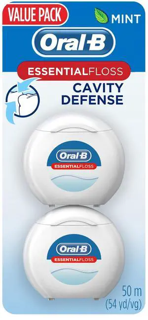 Oral-B Essential Dental Floss, Cavity Defense, Waxed, Mint Flavor, Value 2 Pack (50m Each) Oral-B Essential Dental Floss, Cavity Defense, Waxed, Mint Flavor, Value 2 Pack (50m Each)