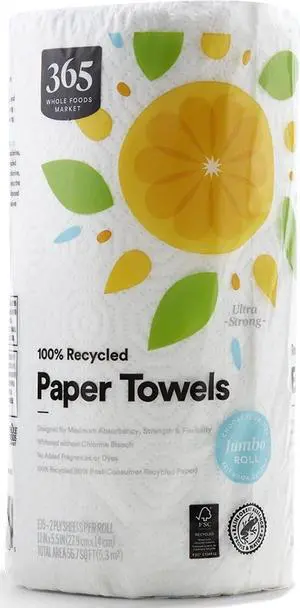 365 by Whole Foods Market 100% Recycled Jumbo Paper Towels Ultra-Strong 135 Sheets per Roll 1 Count 365 by Whole Foods Market 100% Recycled Jumbo Paper Towels Ultra-Strong 135 Sheets per Roll 1 Count