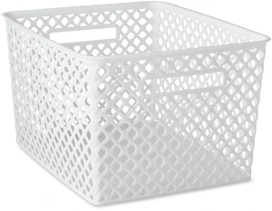 Mainstays Large White Decorative Plastic Storage Basket, 14.7in x 12in x 8.5in Mainstays Large White Decorative Plastic Storage Basket, 14.7in x 12in x 8.5in