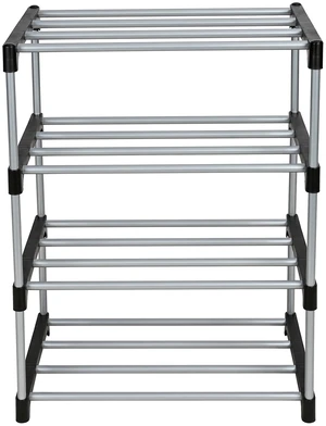Mainstays 4-Tier Shoe Rack, Black and Silver, 8-Pair Capacity, Metal Tubes and Plastic Connectors Mainstays 4-Tier Shoe Rack, Black and Silver, 8-Pair Capacity, Metal Tubes and Plastic Connectors