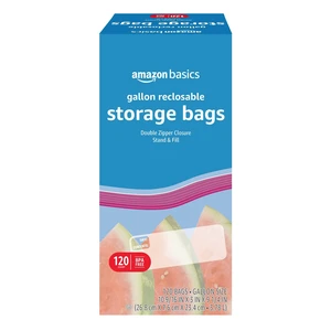 Amazon Basics Gallon Food Storage Bags, Reclosable, Double Zipper Seal, Stand and Fill Base, BPA Free, 120 Count Amazon Basics Gallon Food Storage Bags, Reclosable, Double Zipper Seal, Stand and Fill Base, BPA Free, 120 Count