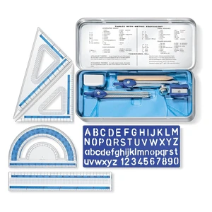 STAEDTLER 10-Piece Math Set with Metal Compass, 6" Ruler and Triangle Squares, 45 and 30/60 Set Squares, Alphabet Stencil - Measuring Tools STAEDTLER 10-Piece Math Set with Metal Compass, 6" Ruler and Triangle Squares, 45 and 30/60 Set Squares, Alphabet Stencil - Measuring Tools