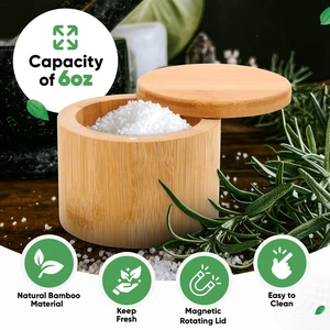 Karmiero Bamboo Salt Cellar with 360 Swivel Lid, 6OZ Salt Container for Countertop Pepper Spice Storage Karmiero Bamboo Salt Cellar with 360 Swivel Lid, 6OZ Salt Container for Countertop Pepper Spice Storage