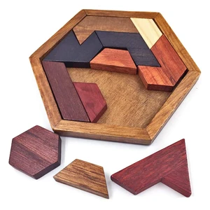 KINGOU Wooden Hexagon Tangram Brain Teaser Puzzle KINGOU Wooden Hexagon Tangram Brain Teaser Puzzle