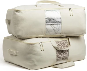 Soft Canvas Storage Bags with Zipper. Thick Breathable, 2pc King/Queen Comforter Organizer. Four Carrying Handles and Window. Large 25x19x9in Bag for Sheets Blankets Bedding Pillows, Clothes Soft Canvas Storage Bags with Zipper. Thick Breathable, 2pc King/Queen Comforter Organizer. Four Carrying Handles and Window. Large 25x19x9in Bag for Sheets Blankets Bedding Pillows, Clothes