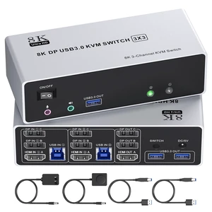 KVM Switch 3 Monitors 2 Computers 4K@144Hz/8K@60Hz, USB3.0 HDMI Dispalyport KVM Switch Triple Monitor for 2 PC Share 3 Monitors and Keyboard Mouse, Wired Remote and USB3.0 Cables Included 2 DP+1 HDMI KVM Switch 3 Monitors 2 Computers 4K@144Hz/8K@60Hz, USB3.0 HDMI Dispalyport KVM Switch Triple Monitor for 2 PC Share 3 Monitors and Keyboard Mouse, Wired Remote and USB3.0 Cables Included 2 DP+1 HDMI