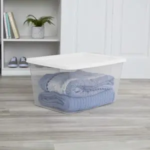 Sterilite 58 Quart Medium Storage Bin, Clear Plastic Storage Container with Snap-On Lid, White Sterilite 58 Quart Medium Storage Bin, Clear Plastic Storage Container with Snap-On Lid, White