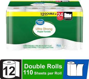 Great Value Ultra Strong Paper Towels, White, 12 Double Rolls, 1320 Sheets Great Value Ultra Strong Paper Towels, White, 12 Double Rolls, 1320 Sheets