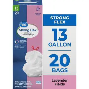 Great Value Strong Flex 13-Gallon Drawstring Tall Kitchen Trash Bags, Lavender Fields Scent, 20 Bags Great Value Strong Flex 13-Gallon Drawstring Tall Kitchen Trash Bags, Lavender Fields Scent, 20 Bags