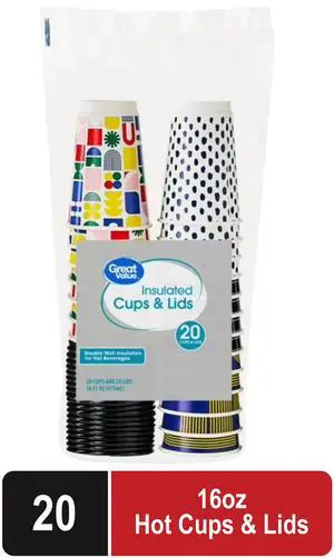 Great Value Insulated Hot Paper Cups with Lids, 16 oz, 20 Count Great Value Insulated Hot Paper Cups with Lids, 16 oz, 20 Count