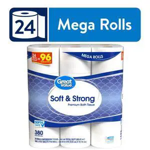 Great Value Soft & Strong Premium Toilet Paper, 24 Mega Rolls, 380 Sheets per Roll Great Value Soft & Strong Premium Toilet Paper, 24 Mega Rolls, 380 Sheets per Roll