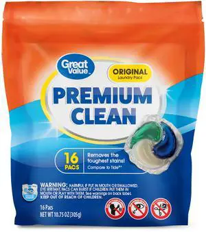 Great Value Premium Clean Laundry Pacs Original Scent, 16 Count Great Value Premium Clean Laundry Pacs Original Scent, 16 Count