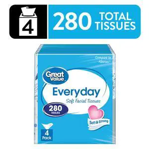 Great Value Everyday Soft Facial Tissues, 4 Cubes, 70 Tissues per Cube, 2-Ply Great Value Everyday Soft Facial Tissues, 4 Cubes, 70 Tissues per Cube, 2-Ply