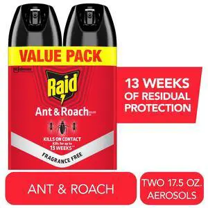 Raid Ant & Roach Insect Killer, Fragrance Free Bug Spray, Insect Spray, 17.5 oz, 2 Count Raid Ant & Roach Insect Killer, Fragrance Free Bug Spray, Insect Spray, 17.5 oz, 2 Count