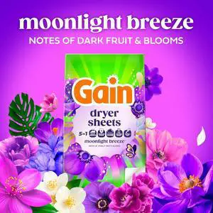 Gain, Laundry Dryer Sheets, Fabric Softener Anti Static Sheets, Moonlight Breeze Scent, 240 Count (Packaging May Vary) Gain, Laundry Dryer Sheets, Fabric Softener Anti Static Sheets, Moonlight Breeze Scent, 240 Count (Packaging May Vary)