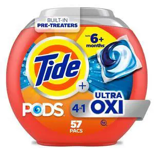 Tide 4-n-1 Ultra Oxi PODS Laundry Detergent Pacs, 57 Count, HE Compatible, Built-in Pre-treater for Stains Tide 4-n-1 Ultra Oxi PODS Laundry Detergent Pacs, 57 Count, HE Compatible, Built-in Pre-treater for Stains