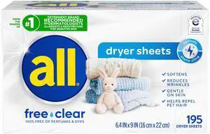 All Free Clear Fabric Softener Dryer Sheets for Sensitive Skin, 195 Count All Free Clear Fabric Softener Dryer Sheets for Sensitive Skin, 195 Count